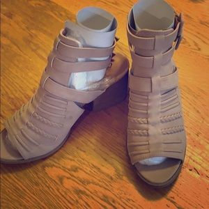 Quipid open toe heel booties. New, never worn.